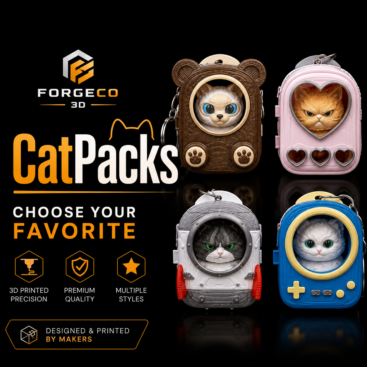 CatPack Backpack Buddies – 3D Printed Cat Keychains
